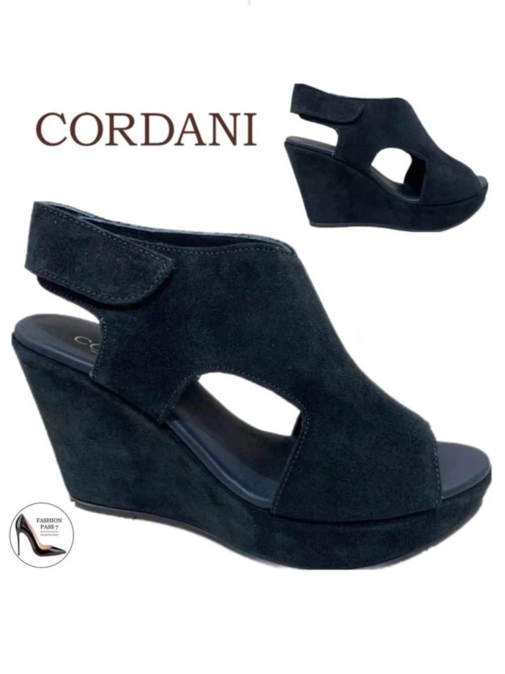 CORDANI REED Designer Navy Blue Suede Leather Platform Wedge Slingback Sandal 37